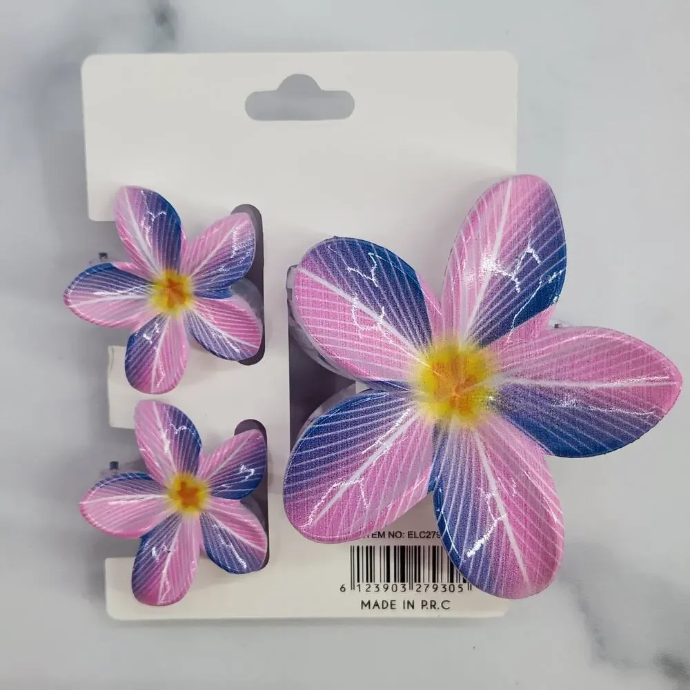 3 pc Hawaiian Flower Claw Clip Set - Hair Accessories Purple & Pink Plumeria
